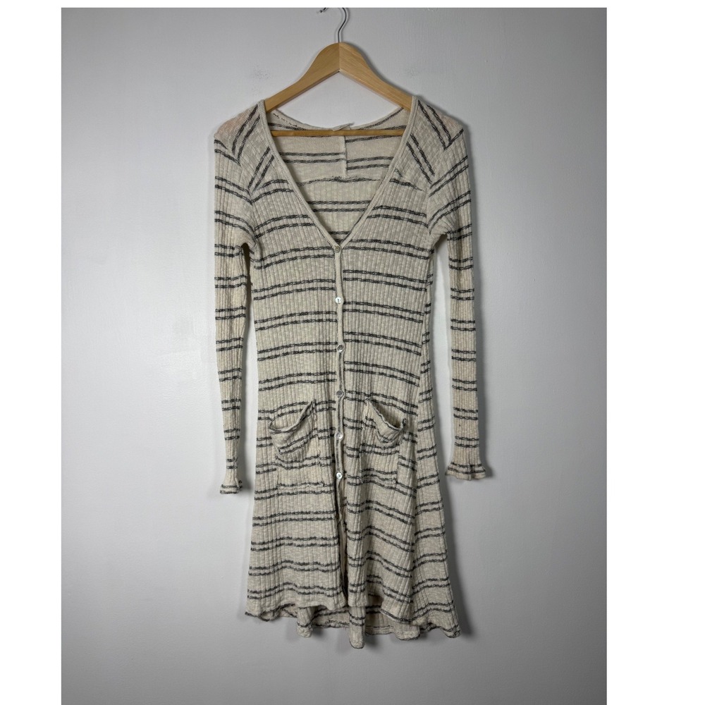 Boho By Together Womens Med Longline‎ Cardigan Cream Striped Ribbed Knit Pockets